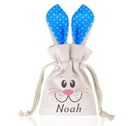 YOYOHAHAHA Personalized Easter Bunny Gift Bag,personalized Easter bag with name, basket for kids, Cotton Canvas with Polka Dot Ears, Drawstring Closure（Blue）