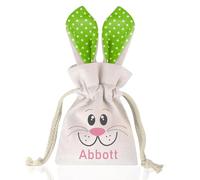 YOYOHAHAHA Personalized Easter Bunny Gift Bag,personalized Easter bag with name, basket for kids, Cotton Canvas with Polka Dot Ears, Drawstring Closure(Green)