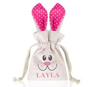 YOYOHAHAHA Personalized Easter Bunny Gift Bag,personalized Easter bag with name, basket for kids, Cotton Canvas with Polka Dot Ears, Drawstring Closure（Pink）