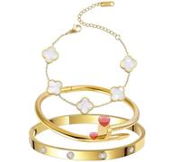 YOYONY Stackable Bracelets 3 pcs 18K Gold Nail Bracelet,Oval Love Friendship Cuff Bracelet,Four Leaf Clover Lucky Chain Bracelet,Stainless Steel,7 Inch,Open Buckle Style,Gift For Women,Trendy.