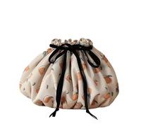 YoyoZest Large Capacity Drawstring Makeup Bag - Lightweight Oxford Cloth, Floral & Fruit Print, Multiple Inner Pockets, Portable for Travel & Daily Use, Milk Apricot, A Cute and Pastoral Style