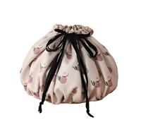 YoyoZest Large Capacity Drawstring Makeup Bag -Waterproof Oxford Cloth, Floral & Fruit Print, Multiple Inner Pockets, Lightweight & Portable for Travel & Daily Use (Peach Pink)