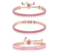 YOYUNLUO 3PCS Pink Bracelets for Women,Tennis Bracelet Set with Adjustable & Clasp Styles, Rose Gold Plated CZ Jewelry Gift for Girlfriend, Mom, Daily & Formal Wear