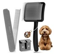 YOYUPETA Large Long Pin Slicker Brush & Comb Set with Leather Sleeves - 2PC Grooming Kit for Goldendoodle, Long-Haired Poodles & Other Long-Haired Dogs & Cats, Wooden Handle, Deshedding Gift, Black