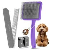 YOYUPETA Large Long Pin Slicker Brush & Comb Set with Leather Sleeves - 2PC Grooming Kit for Goldendoodle, Long-Haired Poodles & Other Long-Haired Dogs & Cats, Wooden Handle, Deshedding Gift, Purple