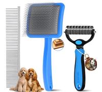 YOYUPETA Long Pin Poodle Slicker Brush Set for Goldendoodle & Cockapoo. 25mm Pins Dog Grooming Kit with Undercoat Rake & Comb. Solid Wood Dematting Tool for Removing Mats, Tangles, Deshedding. Blue