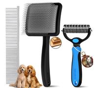 YOYUPETA Long Pin Poodle Slicker Brush Set for Goldendoodle & Cockapoo. 25mm Pins Dog Grooming Kit with Undercoat Rake & Comb. Solid Wood Dematting Tool for Removing Mats, Tangles, Deshedding. Black