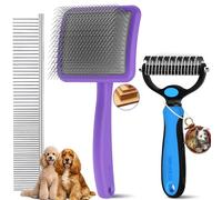 YOYUPETA Long Pin Poodle Slicker Brush Set for Goldendoodle & Cockapoo. 25mm Pins Dog Grooming Kit with Undercoat Rake & Comb. Solid Wood Dematting Tool for Removing Mats, Tangles, Deshedding. Purple