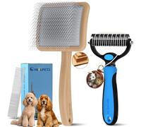 YOYUPETA Long Pin Poodle Slicker Brush Set for Goldendoodle & Cockapoo. 25mm Pins Dog Grooming Kit with Undercoat Rake & Comb. Solid Wood Dematting Tool for Removing Mats, Tangles, Deshedding. Natural