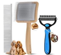 YOYUPETA Long Pin Poodle Slicker Brush Set for Goldendoodle & Cockapoo. 25mm Pins Dog Grooming Kit with Undercoat Rake & Comb. Solid Wood Dematting Tool for Removing Mats, Tangles, Deshedding. Natural