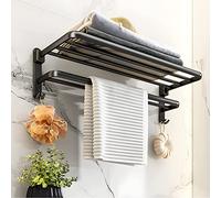 yozhch Black Towel Rail Self Adhesive, Wall Mounted Towel Rack Foldable, Bath Towel Rail with Shelf, 2 Tier Towel Holder for Bathroom (Matte, 58cm)