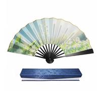 yozhch Folding Hand Fan, Chinese Style Handheld Paper Fan, Black Border Bamboo Fan, Golden Silk Lining Gift Box Package (Lily of the valley)
