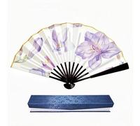 yozhch Folding Hand Fan, Chinese-Style Paper Fan Handheld, Black Border Bamboo Fan, Golden Silk Lining Gift Box Package, Church Wedding Wall Decoration, Party Favor (Freesia)