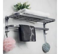 yozhch Grey Towel Rail Wall Mounted Towel Rack Foldable, Bath Towel Rail with Shelf, 2 Tier Towel Holder for Bathroom, 58cm