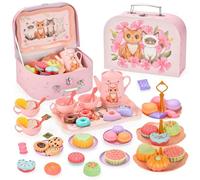 yozhch Tea Party Toy Set with Cupcakes, Tray, Kids Tea Set for Girls Party Toddlers Role Play Boys Pretend Kitchen Food Toys Playsets, Children's Birthday Gifts, Pink (Cat)