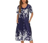 YOZLY House Dress for Women Short Sleeve House Coat Mumu Duster Robe with Pockets, 0-navy White, 3X-Large