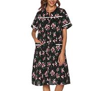 YOZLY House Dress Womens Embroidered Housecoat Short Sleeve Duster Robe with Front Pockets, Flower Black, X-Large