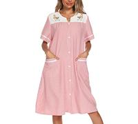 YOZLY House Dress Womens Embroidered Housecoat Short Sleeve Duster Robe with Front Pockets, Red, L
