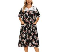 YOZLY House Dress Womens Embroidered Housecoat Short Sleeve Duster Robe with Front Pockets S-3XL, Black Red, 3X-Large