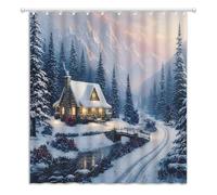 YOZSLGU Winter Christmas Cabin Shower Curtain Snowy Forest Pine Tree Rustic Farmhouse Xmas Holiday Fabric Bathroom Decor Curtains with Hooks, 70" Wx70 H