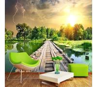 YOZYOOOZ Wooden Bridge River Sunset Landscape 3D Wallpaper Self-Adhesive Mural Art Suitable for Bedroom TV Background Living Room Decoration