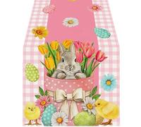 YPBEW Linen Fabric Table Runner in Classical Easter Bunnies Eggs Pattern for Farmhouse Home Styling Decoration Linen Scarf Easter Rabbits Eggs Pattern Rectangular Washable Runner