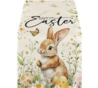YPBEW Linen Fabric Table Runner in Classical Easter Bunnies Eggs Pattern for Farmhouse Home Styling Decoration Linen Scarf Easter Rabbits Eggs Pattern Rectangular Washable Runner