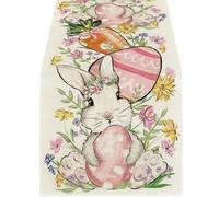 YPBEW Linen Fabric Table Runner in Classical Easter Bunnies Eggs Pattern for Farmhouse Home Styling Decoration Linen Scarf Easter Rabbits Eggs Pattern Rectangular Washable Runner