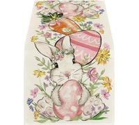 YPBEW Linen Fabric Table Runner in Classical Easter Bunnies Eggs Pattern for Farmhouse Home Styling Decoration Linen Scarf Easter Rabbits Eggs Pattern Rectangular Washable Runner