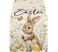 YPBEW Linen Fabric Table Runner in Classical Easter Bunnies Eggs Pattern for Farmhouse Home Styling Decoration Linen Scarf Easter Rabbits Eggs Pattern Rectangular Washable Runner
