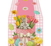 YPBEW Linen Fabric Table Runner in Classical Easter Bunnies Eggs Pattern for Farmhouse Home Styling Decoration Linen Scarf Easter Rabbits Eggs Pattern Rectangular Washable Runner