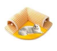 YPDOPORA 2-In-1 Funny Plush Plaid Checkered Cat Tunnel Bed, Rabbit Tunnel Hideout House,Removable & Washable Play Tunnel with Cozy Bed for Rabbits & Non-Slip Bottom,Yellow,S