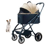YPDOPORA 4 Wheels Dog Strollers, 3-In-1 Dog Cat Pet Strollers, One-Hand Automatic Folding Rubber Wheel with Shock Absorbers, Detachable Carrier, Dog Stroller for Small Medium Dog Cat,Beige