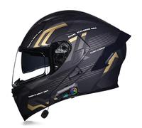 YPDOPORA Bluetooth Modular Motorcycle Helmet Flip Up Full Face Double Visor Helmet,Built-In Dual Speaker with Microphone for Men Women DOT/ECE Approved Helmet,Black Gold,2XL 60~61CM