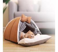 YPDOPORA Cat Winter Sleeping Bag Cat Sleep Bag with Curtain Cover Cute Design Cat Sleeping Bag Cat Beds for Indoor Cats with Bow Warm Soft Cat Bed Non-Slip Bottom, Washable,Brown,M