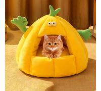 YPDOPORA Winter Soft Plush Sack Self Warming Cave Bed, Cat Caves for Indoor Cats,Cute Pumpkin Cat Houses with Removable Washable Soft Cushion & Anti-Slip Bottom,Yellow,L