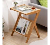 YPDOPORA Z Shaped End Table, Wooden Coffee Tables with Storage,Boho Wooden End Table,Side Tables Living Room with Glass Top & Magazine Rack for Bedroom,Couch,Small Space,Yellow,55 * 37 * 56cm