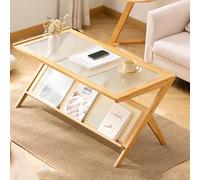 YPDOPORA Z Shaped End Table, Wooden Coffee Tables with Storage,Boho Wooden End Table,Side Tables Living Room with Glass Top & Magazine Rack for Bedroom,Couch,Small Space,Yellow,100 * 50 * 49cm