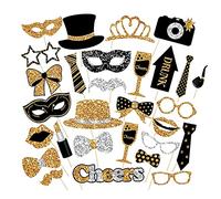 YPLonon 30pcs Photo Booth Props Kit - Glitter Prom Party Supplies with Moustache, Lipstick, Tie, Glasses - Black, Gold