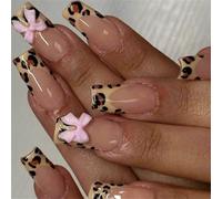 YPREWY 24 Pcs Leopards Print Artificial Nails French Tip Press On Nails 3D Bows Stick On Nails Glossy False Nails for Party