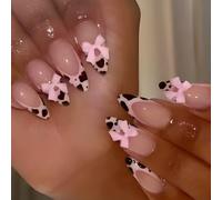 YPREWY 3D Bows Full Covers Stick on Nails French Tip Press On Nails Almond Artificial Nails False Nails with Leopards Designs