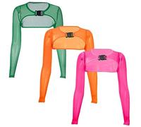 Ypser See Through Mesh Crop Top Sheer Open Front Shrug Fishnet Cover Ups with Buckle, 3packs (Pink+green+orange), L-XL