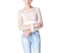 Ypser Women's Fishnet Mesh Crop Tops Long Sleeve Sheer Net T-Shirt Tee White