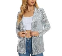 Ypser Women's Sequin Blazer Open Front Sparkle Jacket Glitter Coat for Evening Party Silver