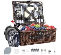 YPshuye Wicker Picnic Basket Set for 4, Blanket, Cooler Bag, Blue Stripes