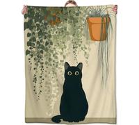 Ypthriline Black Cat with Greenery Blanket, Forest Healing Style Microfiber Flannel Throw Blanket, Comfortable Soft Fluffy and Warm, Blankets for Beds, Sofas and Recliners, 220×240 CM