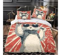 Ypthriline Cat with Glasses Double Duvet Set, Red Duvet Cover Sets with Zipper Closure, Soft Microfiber Bedding Set, with 2 Pillow Cases 50x75 cm, for Use with Teenage and Adults