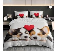 Ypthriline Puppy Small Single Duvet Cover Set, Red Heart Duvet Cover Sets with Zipper Closure, Soft Microfiber Bedding Set, with 2 Pillow Cases 50x75 cm, for Use with Teenage and Adults