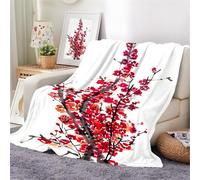 Ypthriline Red Plum Blossoms Blanket, Elegant Chinese Style Microfiber Flannel Throw Blanket, Comfortable Soft Fluffy and Warm, Blankets for Beds, Sofas and Recliners, 130×150 CM