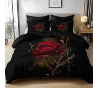 Ypthriline Red rose Single Duvet Cover Set, Black Duvet Cover Sets with Zipper Closure, Soft Microfiber Bedding Set, with 2 Pillow Cases 50x75 cm, for Use with Teenage and Adults